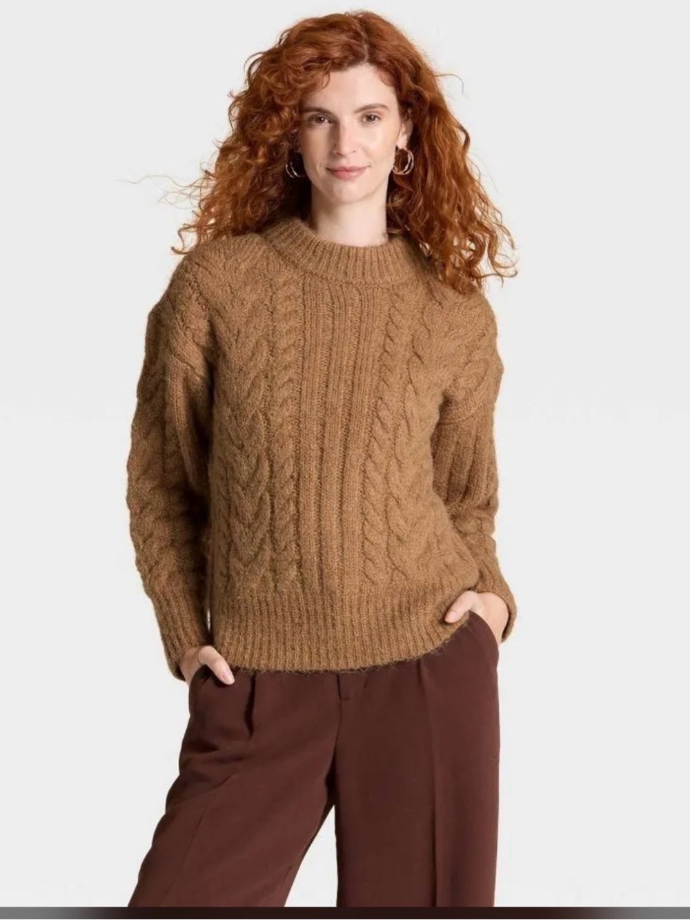 a new day Cable Knit Crewneck Sweater - Camel Brown
